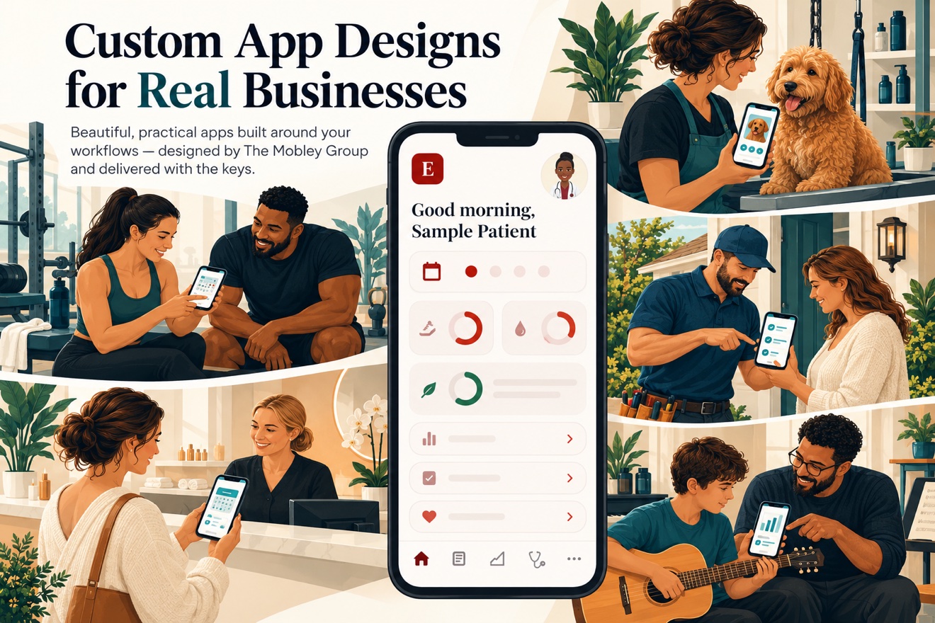 Illustrated concept poster: five business scenes — gym, pet grooming, home services, spa, music lessons — arranged around a sample client app phone